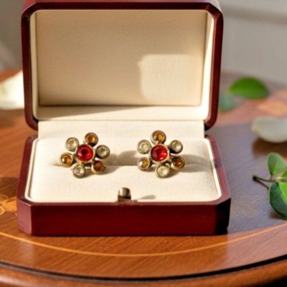 Vintage Enite Gurlenets Floral Crystal Earrings 1” Lever Back Red & Amber